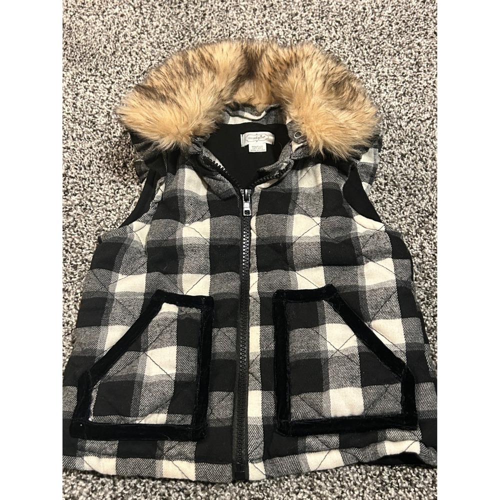 Cc18 Mud Pie Kids Buffalo Plaid Hooded Vest Faux Fur Trim Black White‎ 2T-3T